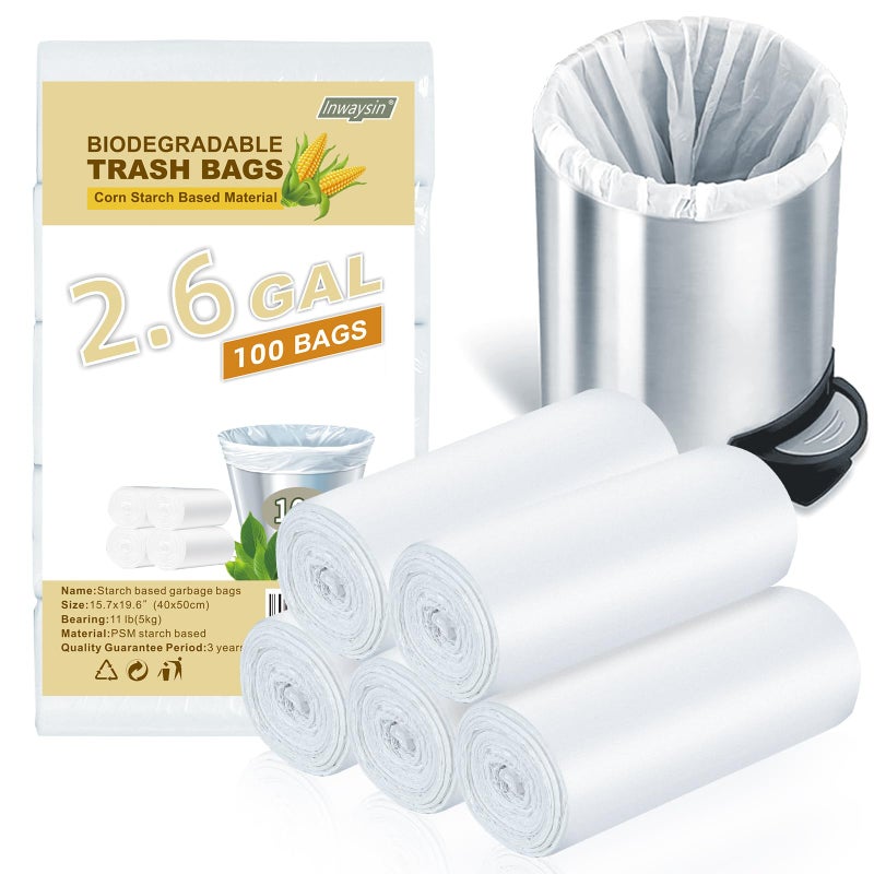 Inwaysin Compostable Trash Bags 2.6-Gallon Garbage-Bag - Inwaysin Biodegradable Recyclable 100 Counts Small Strong Thick Unscented Car Can Liners for Office Bedroom Waste Basket Clear White - Image 1